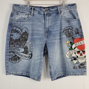 Vtg Y2K Ed Hardy Christian Audigier Embroidered Denim Short Jorts men's size 38
